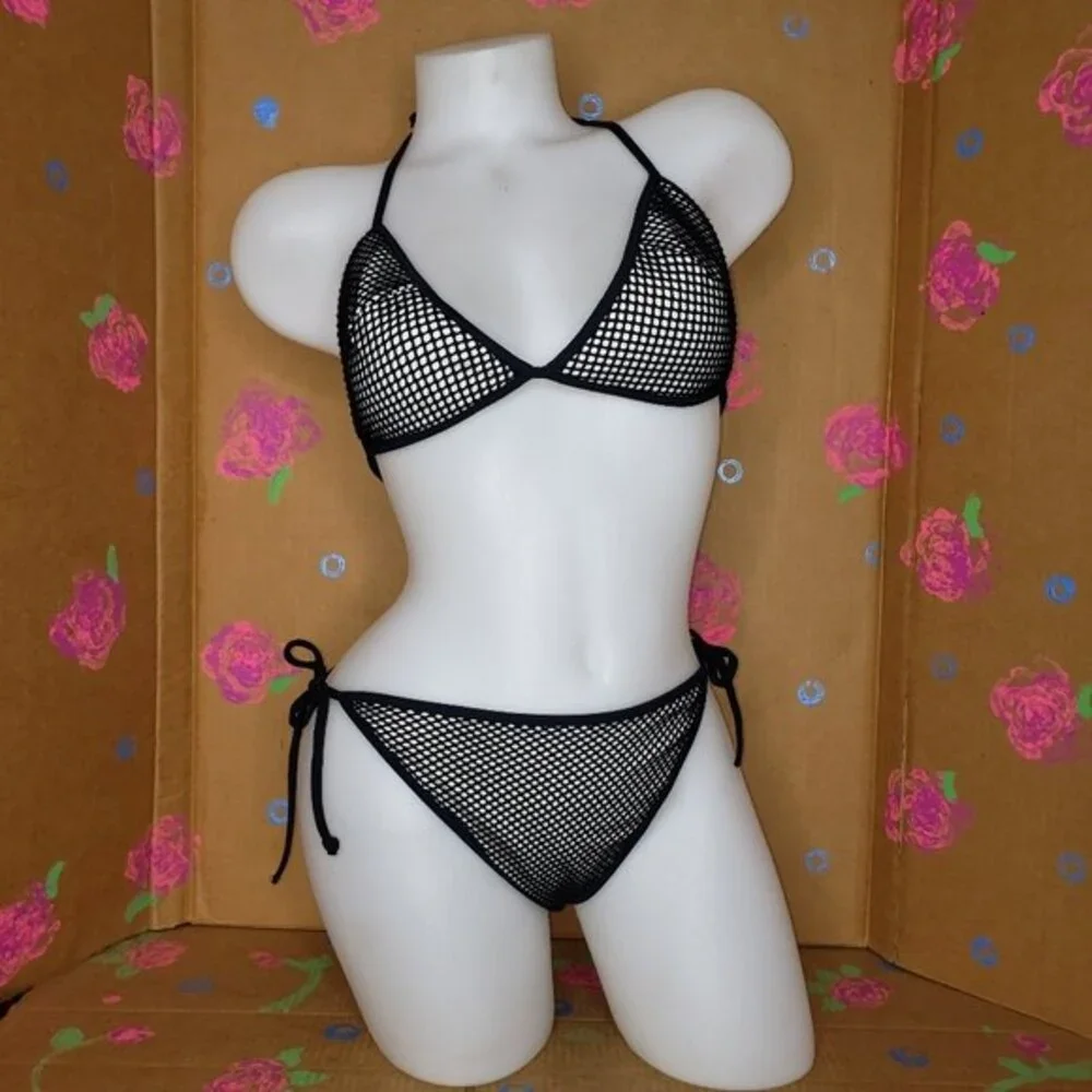 Vintage Victoria's Secret Black & White Fishnet Bikini Size Large